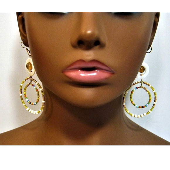 Mother of Pearl Glass beaded BOHO Dangle Hoop Earrings 2.5 in long - Picture 6 of 6